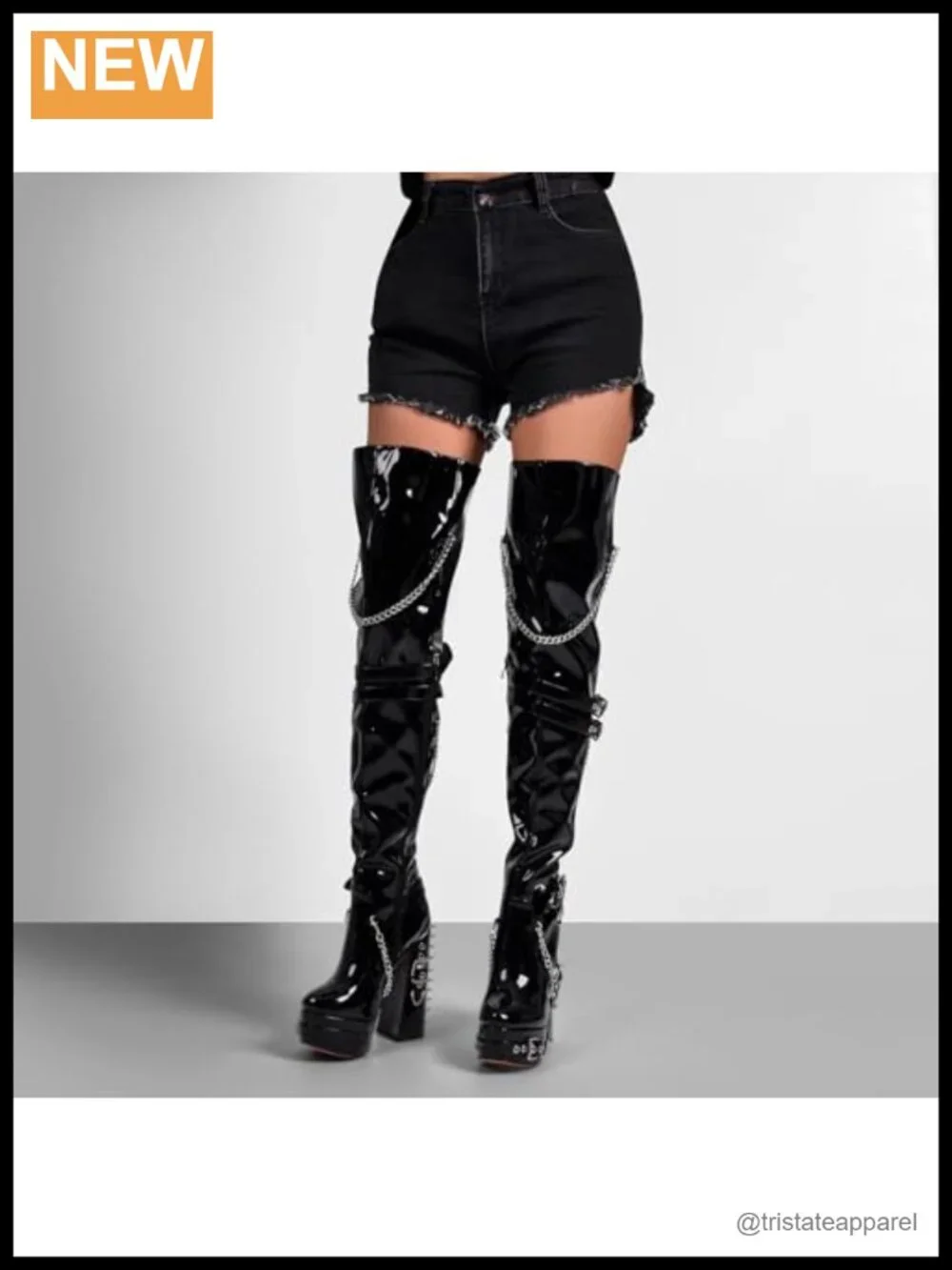 Over Knee Block Heel Boots Wide Calf Side Zip Rivet Chain Motorcycle